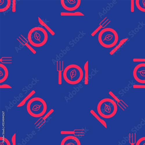Red Vegan food diet icon isolated seamless pattern on blue background. Organic, bio, eco symbol. Vegan, no meat, lactose free, healthy, fresh and nonviolent food. Vector