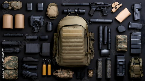 Battlefield survival gear and combat-ready military gear, including tactical weapons and backpacks

