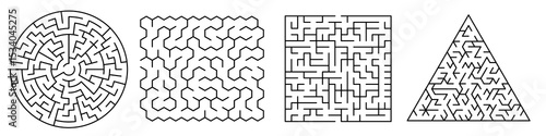 High-quality vector illustration featuring four intricate maze designs: a circular maze, a wavy rectangular maze, a square maze, and a triangular maze