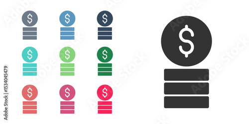 Black Casino chip with dollar symbol icon isolated on white background. Casino gambling. Set icons colorful. Vector