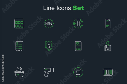 Set line Barcode, Shopping cart, Scanner scanning bar, basket, Seller, list, Shield with dollar and icon. Vector