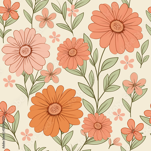 Seamless floral pattern featuring hand-drawn daisies in coral and burnt orange with soft green leaves. Ideal for fabric, packaging, wallpaper, and stationery design.