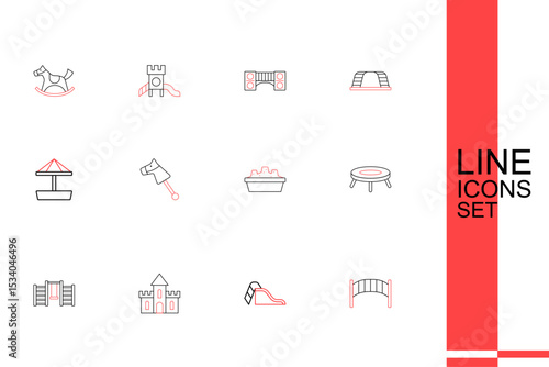 Set line Playground kids bridge, Slide playground, Sand castle, Swedish wall, Jumping trampoline, Sandbox with sand, Toy horse and icon. Vector