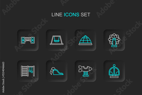 Set line Attraction carousel, Swing plane, Slide playground, Swedish wall, for kids, Playground climbing equipment, Ferris wheel and bridge icon. Vector
