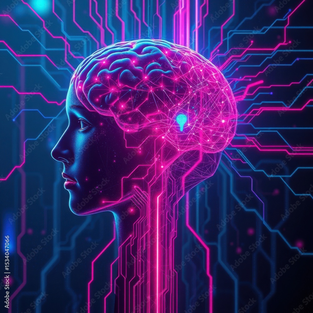 Obraz premium Futuristic Digital Brain with Neon Circuitry and Data Network, Artificial Intelligence Technology