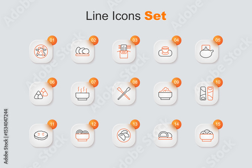 Set line Chow mein on plate, Sushi, Dumpling, Asian noodles bowl, Homemade pie, Guotie, Rice and Food chopsticks icon. Vector
