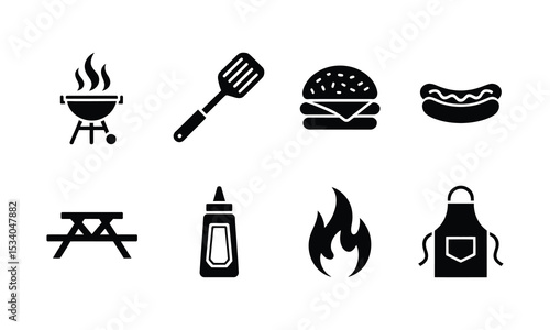 BBQ and Picnic Icon Vector Set Featuring Grill, Burger, Flame, and Cooking Tools for Summer Design Projects