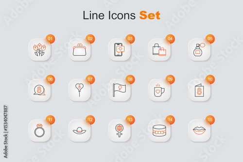 Set line Smiling lips, Gift box and heart, International Women Day, Elegant women hat, Diamond engagement ring, Greeting card with 8 March, Coffee cup and Feminist activist icon. Vector