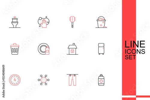 Set line Antibacterial soap, Drying clothes, Bacteria, Clock, Refrigerator, House, Dishwashing bottle and plate and Trash can icon. Vector