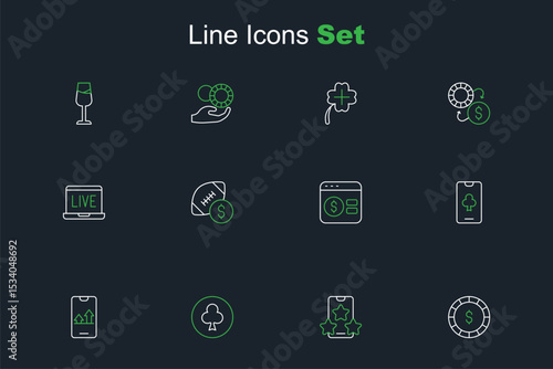Set line Casino chip with dollar, Online sports betting, Playing card clubs symbol, poker table game, American football money and icon. Vector