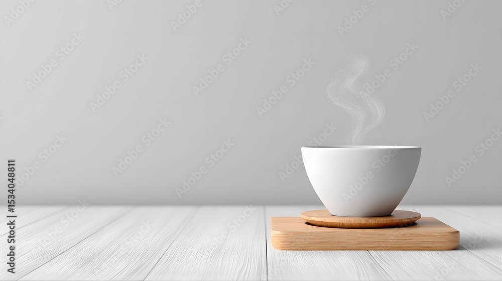 Fototapeta premium Elegant steam rises from a delicate cup of pour-over Burundi coffee, presented on a wooden coaster, inviting a moment of simple, aromatic pleasure and calm.