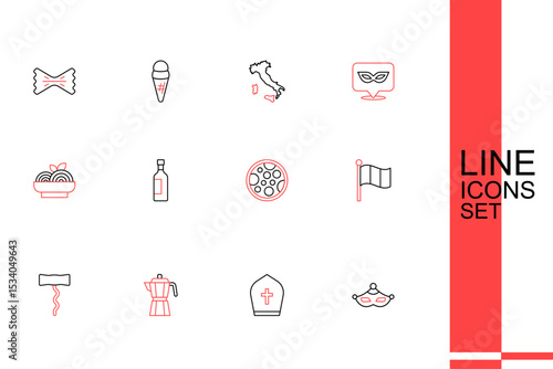 Set line Carnival mask, Pope hat, Coffee maker moca pot, Wine corkscrew, Flag Italy, Pizza, Bottle wine and Pasta spaghetti icon. Vector
