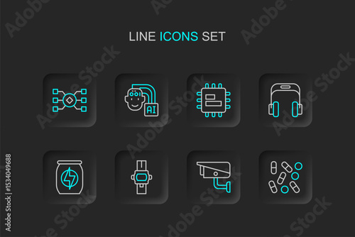 Set line Medical pill biohacking, Security camera, Wrist watch, Energy drink, Headphones, Processor CPU, Humanoid robot and Neural network icon. Vector