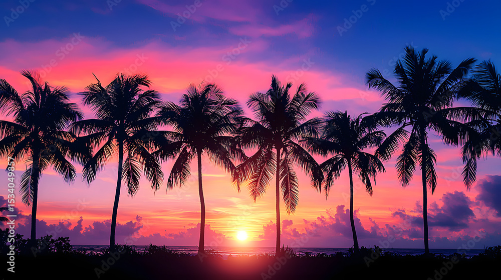 Obraz premium Silhouette of palm trees at tropical sunrise or sunset