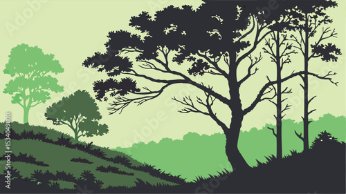 Serene Landscape Design Featuring Silhouetted Trees and Rolling Hills Perfect for Eco Branding and Nature Projects