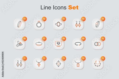 Set line Necklace, Pendant on necklace, Gem stone, Earrings, Wedding, Bracelet jewelry and Diamond icon. Vector