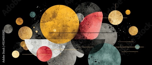 Abstract Geometric Art  Gold  Red    Teal Circles  Black Background