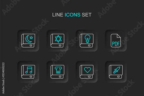 Set line Book about weapon, Romance book, History, Audio, PDF file document, User manual, Jewish torah and Holy of Koran icon. Vector