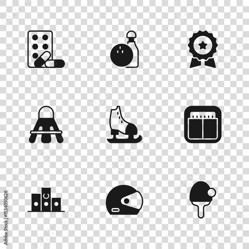 Set Racing helmet, Sport mechanical scoreboard, Racket, Skates, Medal with star, Sports doping dumbbell, Bowling and ball and Badminton shuttlecock icon. Vector
