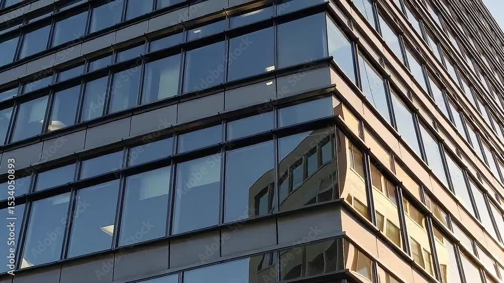 Close up architectural view of modern corporate office building with glass windows and urban reflections Close up architectural view of modern corporate office building with glass windows and urban reflections