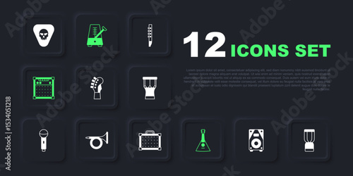 Set Stereo speaker, African djembe drum, Guitar neck, Balalaika, amplifier, Trumpet, Metronome with pendulum and icon. Vector