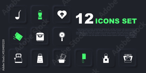Set Kitchen apron, Oven, Slow cooker, Meat chopper, Packet of pepper, Grater, Pepper and Cooking pot and spice icon. Vector