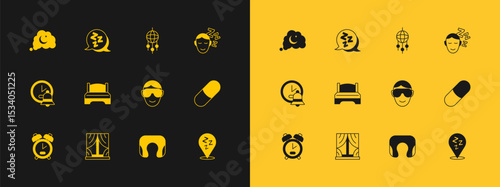 Set Dreams, Window with curtains, Eye sleep mask, Travel neck pillow, Big bed, catcher feathers, and Sleepy icon. Vector