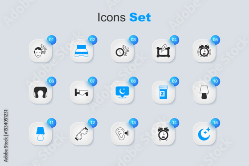 Set Alarm clock, Bed, Big bed, Table lamp, Moon and stars, Dreams and icon. Vector