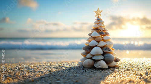 Fototapeta Naklejka Na Ścianę i Meble -  Small seashell christmas tree on the beach with copy space