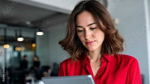 Focused Professional Woman: A young woman with shoulder-length brown hair, dressed in a red blouse, attentively reviews information on her tablet.  Her expression is serious and focused. 