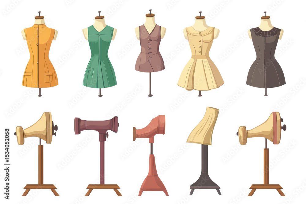 Tailors mannequins display various styles of dresses and garments in a creative arrangement suitable for fashion design purposes Tailors mannequins display various styles of dresses and garments in a creative arrangement suitable for fashion design purposes