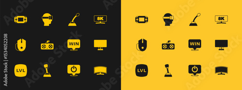 Set Computer monitor, Gear shifter, Medal, Power button, Game controller joystick, Microphone, Portable video game console and Virtual reality glasses icon. Vector
