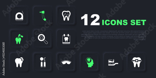 Set Toothbrush with toothpaste, Teeth braces, Dental search, Toothache, caries and drill, mirror probe, and Safety goggle glasses icon. Vector