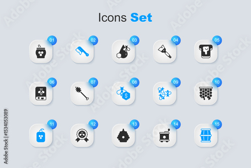 Set Honey extractor, dipper stick, Beekeeping brush, Cosmetic tube with honey, Wooden barrel, Honeycomb, Jar of and and Sale bees icon. Vector