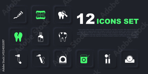 Set Dental mirror and probe, Otolaryngological head reflector, Mouthwash, floss, Broken tooth, Tooth drill, Dentures model and icon. Vector