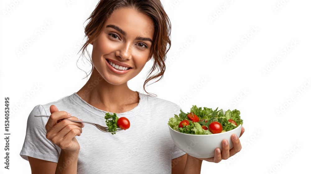Woman Holding Salad Bowl and Fork with Food Woman Holding Salad Bowl and Fork with Food
