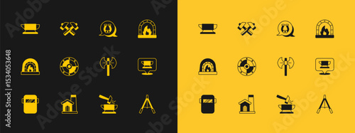 Set Blacksmith oven, Smithy workshop interior, Medieval poleaxe, Anvil and hammer, Round shield, Horseshoe, anvil tool and Crossed icon. Vector