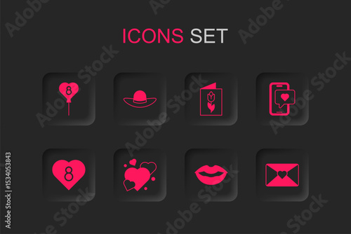 Set Heart, Elegant women hat, Balloons with 8 March, Smiling lips, Mobile heart, Envelope, Greeting card and icon. Vector