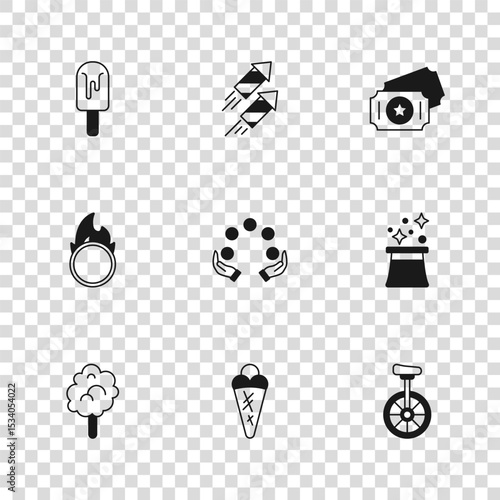 Set Ice cream in waffle, Magician hat, Unicycle, Juggling ball, Circus ticket, Firework rocket and fire hoop icon. Vector
