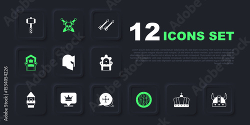 Set King crown, Viking horned helmet, Medieval, Round wooden shield, throne, Skull with sword and Crusade icon. Vector