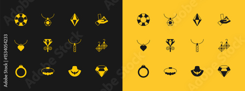 Set Diamond engagement ring in box, Bracelet jewelry, Pendant necklace, Necklace mannequin, Stud earrings, Gem stone, and icon. Vector