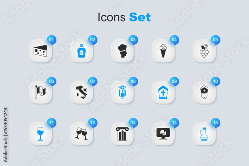 Set Flag Italy, Map of, Perfume, Wine glass, Bottle olive oil, Pope, Cheese and Scooter icon. Vector