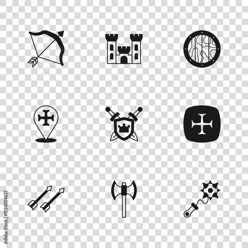 Set Medieval poleaxe, Crusade, Mace with spikes, Shield swords, Round wooden shield, bow and arrow, Castle and icon. Vector