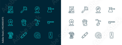 Set line Coffee turk, Sugar stick packets, beans, Medal for coffee, Iced, Location with, Bag and filter holder icon. Vector