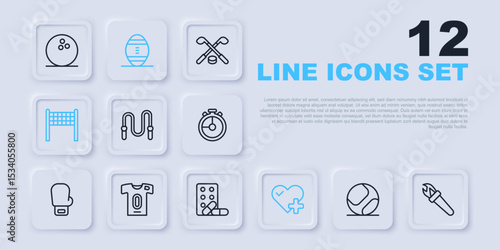 Set line Baseball ball, Torch flame, Jump rope, Heart rate, Volleyball net, Football jersey and t-shirt, American and Sports doping with dumbbell icon. Vector
