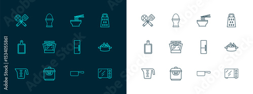 Set line Grater, Slow cooker, Refrigerator, Frying pan, Oven, Asian noodles bowl, Spatula and Chicken egg on stand icon. Vector