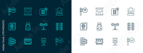 Set line Flasher siren, Passenger train cars, Train traffic light, Railroad crossing, and railway, Online ticket booking, Cafe restaurant location and Ticket office to buy tickets icon. Vector