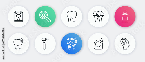 Set line Broken tooth, Mouthwash, Dental floss, Teeth with braces, Tooth, Toothache and drill icon. Vector