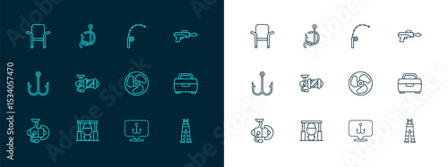 Set line Fishing harpoon, Campfire and pot, Outboard boat motor, hook, Spinning reel for fishing, rod, Camping folding chair and worm icon. Vector