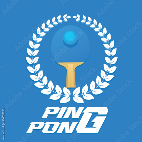 Ping pong game winner, tournament poster, racket, ball, winner wreath. Champion, table tennis competition, racket game, t-shirt print